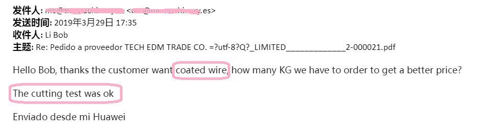 client's feedback about coated wire
